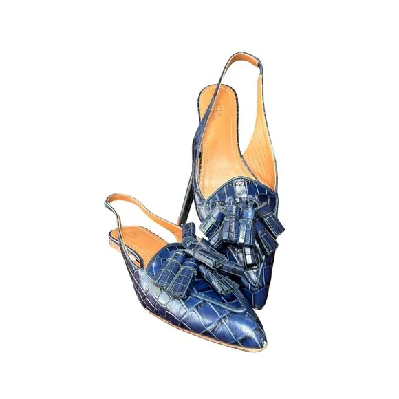 Polo Ralph Lauren Blue Croc Embossed Leather Tassel Slingback Flats 8 - Picture 4 of 6